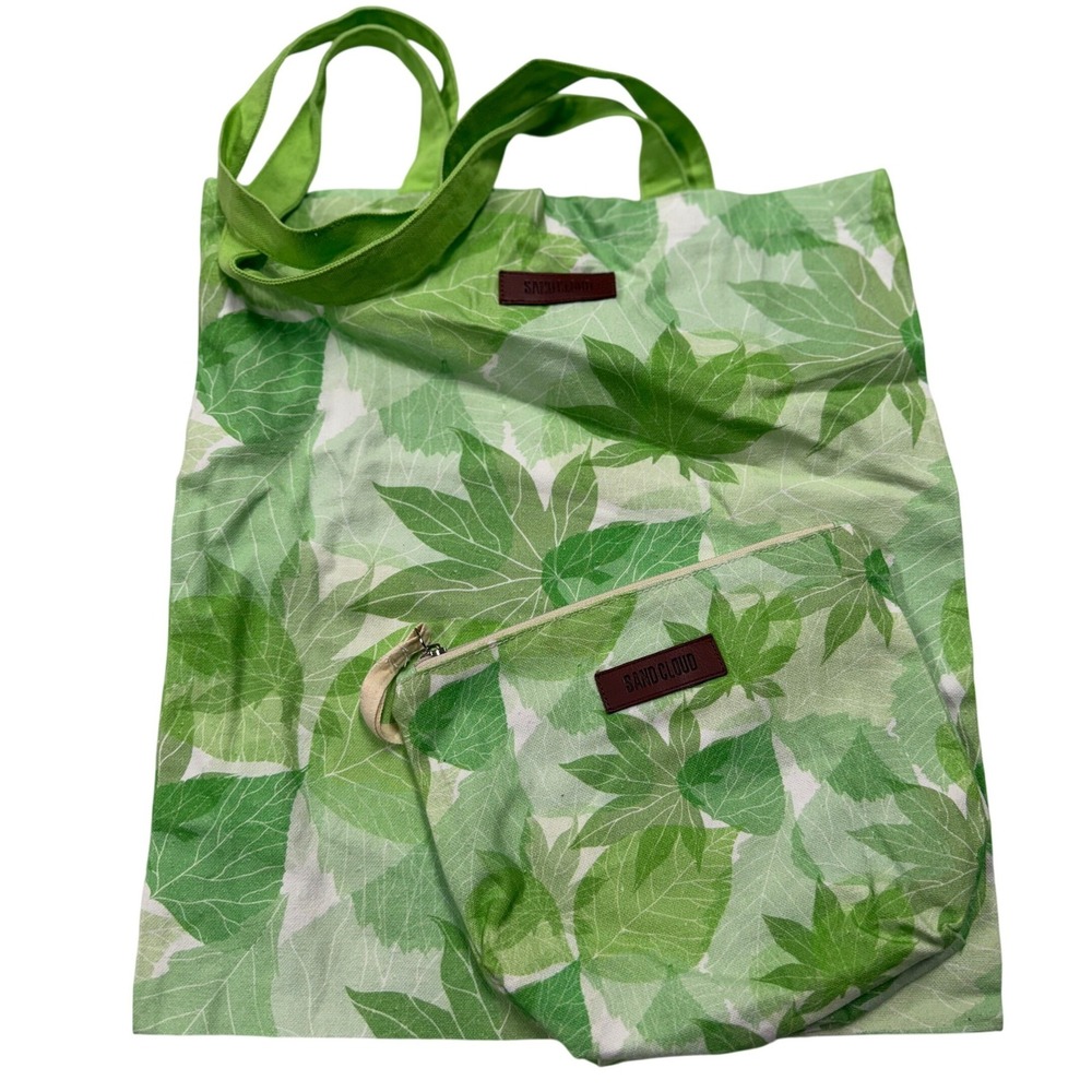 Sand Cloud Green Leaf Print Reusable Tote Bag and Zipper Pouch Set Botanical Eco